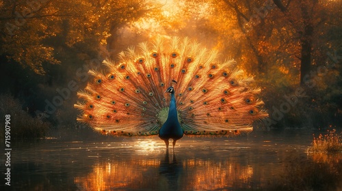 beautiful peacock in tranquil forest nature landscape, Generative Ai
