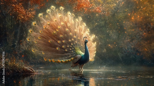 beautiful peacock in tranquil forest nature landscape, Generative Ai photo