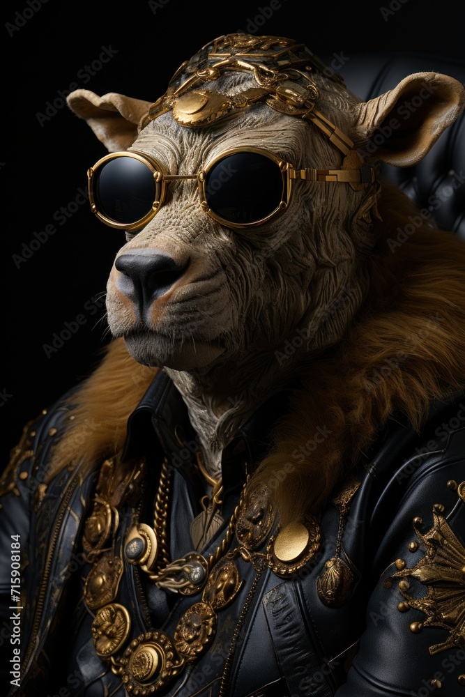  a close up of a stuffed animal wearing a leather jacket and goggles with a gold chain around its neck.