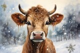  a painting of a brown cow standing in a snowy field with trees and snow flakes on it's head.