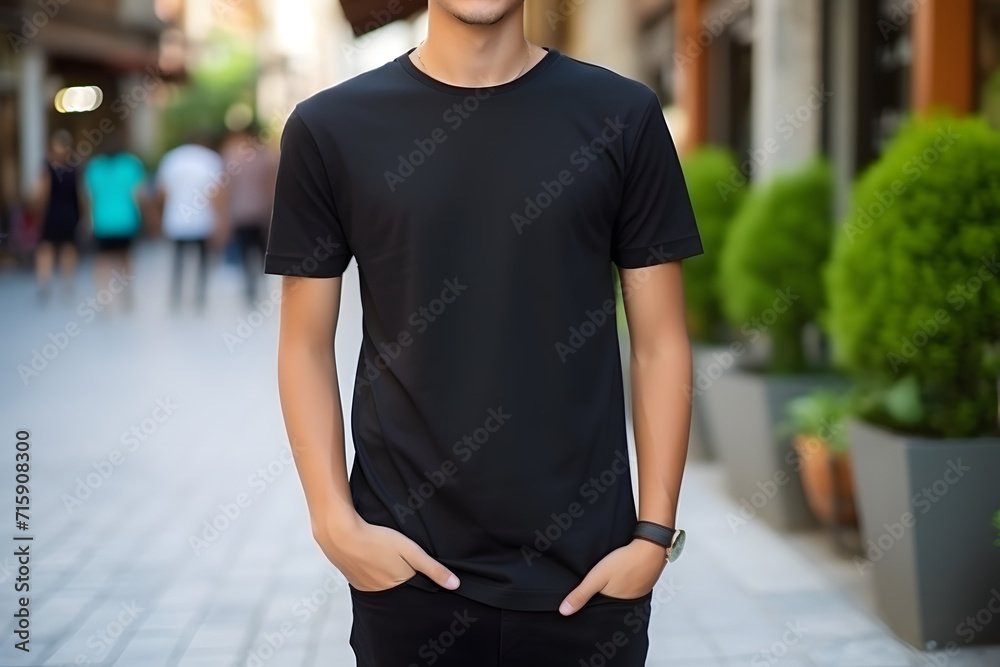Young man model. Boy wearing black t-shirt on street. Shirt mocup. Young man model. Boy wearing black t-shirt on street. Shirt mocup.