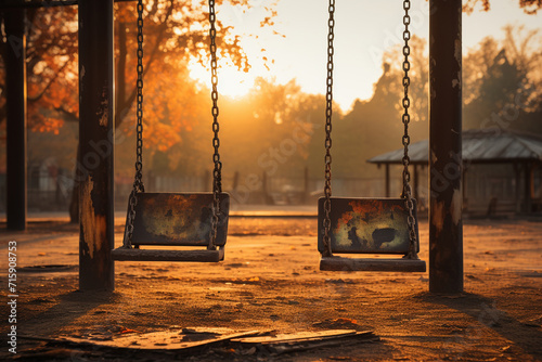 Empty swings swaying in a playground, signifying the absence of joy