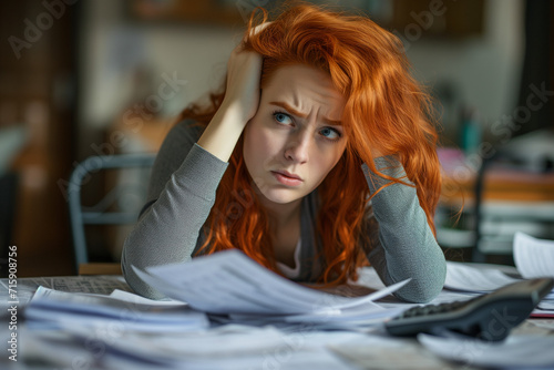 Redhead woman worried about her bills