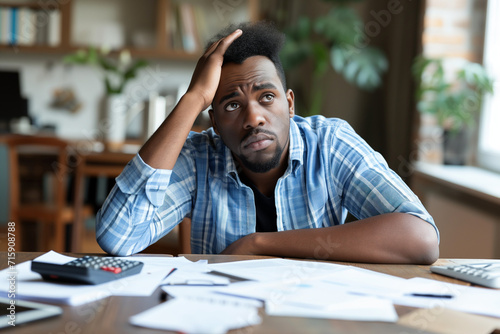 Black man worried about his bills photo