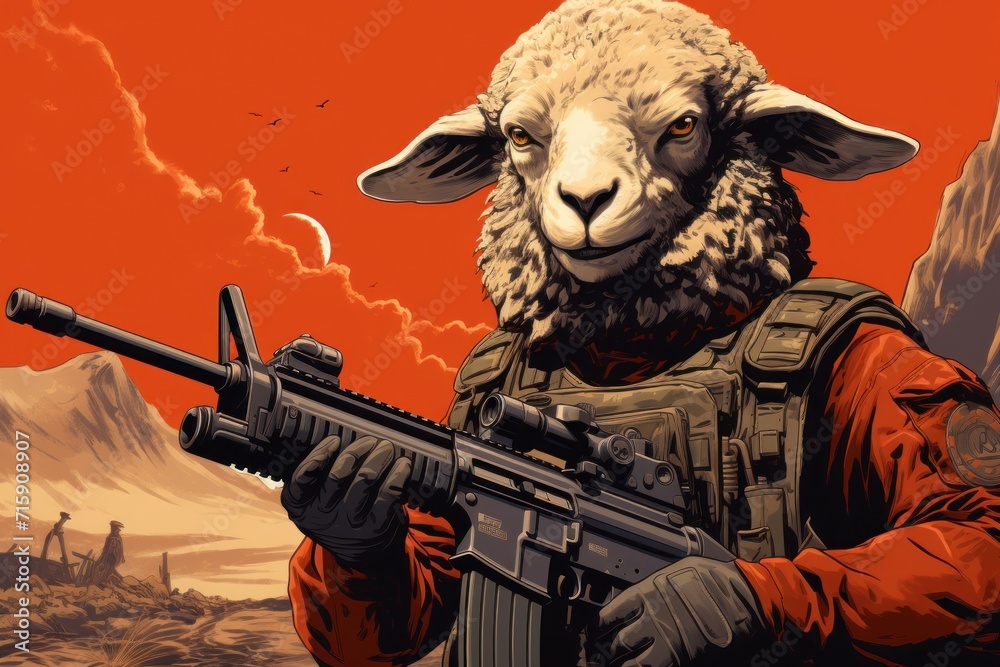 a painting of a sheep with a gun in his hand and a red sky in the back ground behind him. a painting of a sheep with a gun in his hand and a red sky in the back ground behind him.