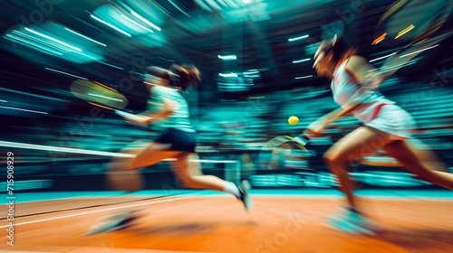 Professional badminton players in action during a championship tournament. [Professional players in action at a championship photo
