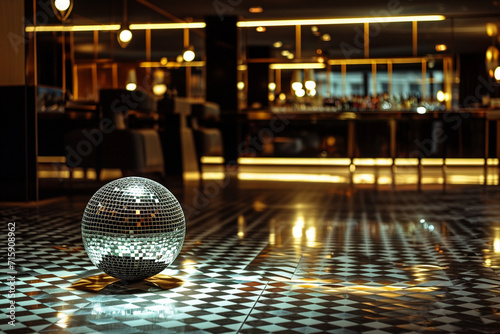 minimalist disco ball installation in a modern nightclub, surrounded by clean lines and contemporary decor, setting the stage for a dynamic and energetic atmosphere in a minimalist