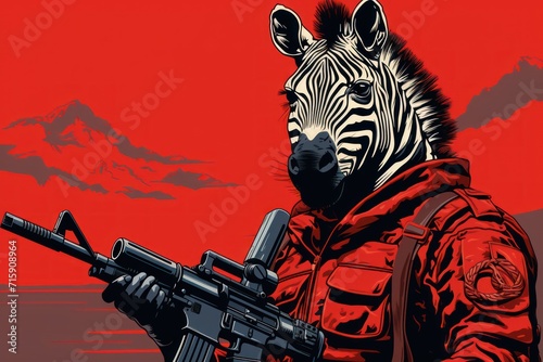  a painting of a zebra wearing a red jacket and holding a machine gun in front of a red sky with mountains in the background.