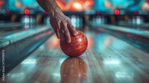 Close-up of a bowler's hand releasing a bowling ball down the lane, capturing the moment of release. [Bowler releasing the ball down the lane