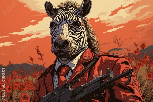  a painting of a zebra wearing a red jacket and holding a gun in front of a field of wildflowers.