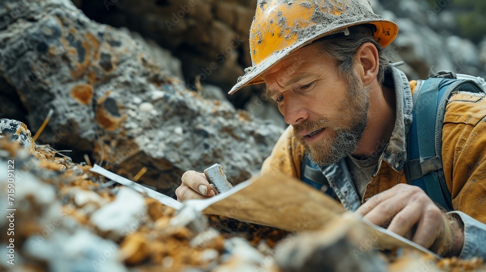 Geologist analyzing core samples extracted from the Earth's subsurface for oil or mineral exploration. [Geologist analyzing core samples Geologist analyzing core samples extracted from the Earth's subsurface for oil or mineral exploration. [Geologist analyzing core samples
