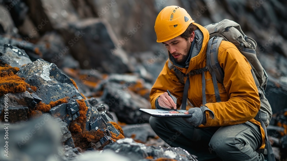 Geologist using a handheld XRF analyzer to determine elemental composition in rock samples. [Geologist using XRF analyzer on rock samples Geologist using a handheld XRF analyzer to determine elemental composition in rock samples. [Geologist using XRF analyzer on rock samples