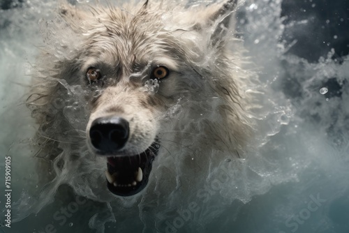  a close up of a dog's face with water splashing on it's face and it's mouth.