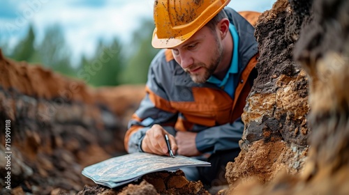 Geologist examining a cross-section of soil layers, illustrating the study of soil composition and structure. [Geologist examining soil layers photo
