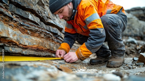 Geologist measuring the thickness of a sedimentary layer using a tape measure. [Geologist measuring sedimentary layer thickness