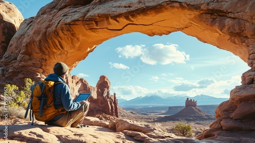 Geologist studying the formation of natural arches in a desert landscape, showcasing erosional features. [Geologist studying natural arches in the desert photo