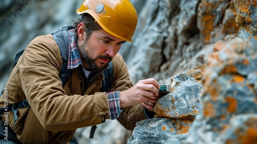 Geologist using a handheld spectrometer to analyze the mineral composition of a rock sample. [Geologist using spectrometer on rock sample photo