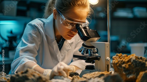 Geologist in a laboratory setting, using a petrographic microscope to study rock thin sections. [Geologist using petrographic microscope in the lab photo