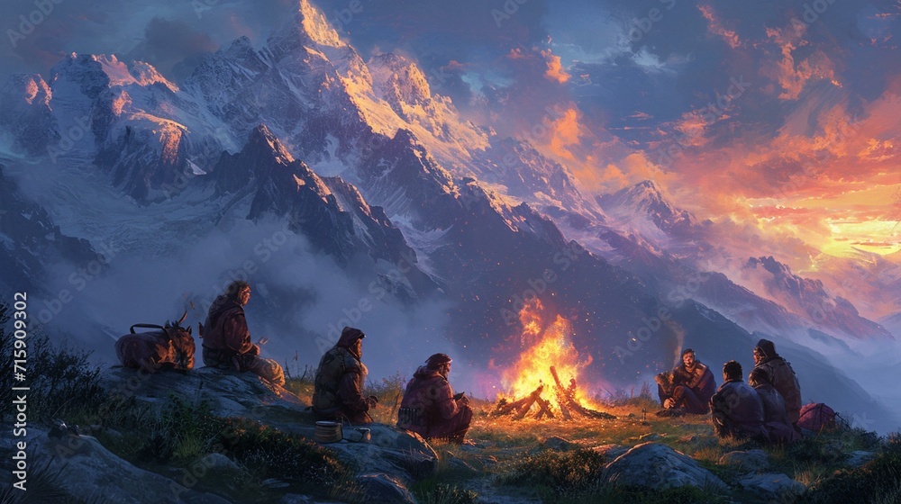 Campfire scene at a mountain bivouac, with mountaineers enjoying warmth and camaraderie amidst the wilderness. [Mountaineers around campfire at mountain bivouac - obrazy, fototapety, plakaty 