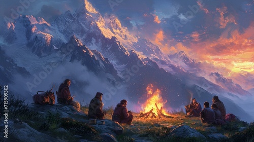 Campfire scene at a mountain bivouac, with mountaineers enjoying warmth and camaraderie amidst the wilderness. [Mountaineers around campfire at mountain bivouac