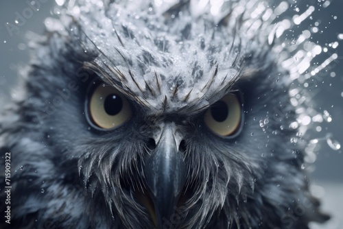  a close up of an owl's face with a lot of snow on it's head and eyes.