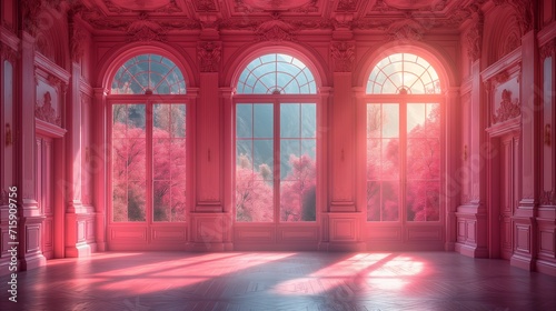 room with large windows and flowers. Generative AI