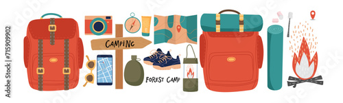 Camping and hiking kit set, hand-drawn elements. Forest travel elements. Contents of backpack, navigation instruments, fire, road pointer Flat vector illustration for travel, nikes, tourism, vacation photo