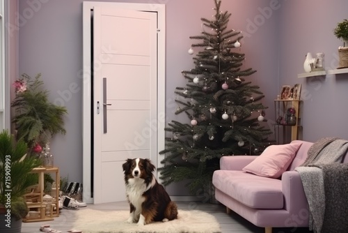  a dog sitting on a rug in front of a christmas tree in a room with a couch and a christmas tree.