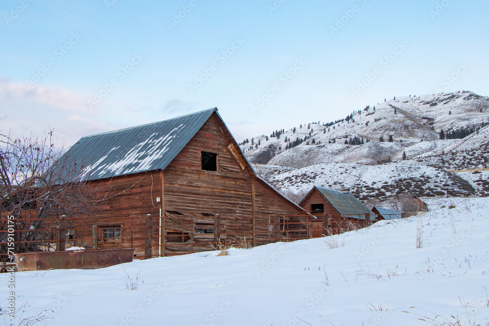 Old Wooden Barn on Snow-covered Hillside - Methow Valley, Washington, USA (Winter)	