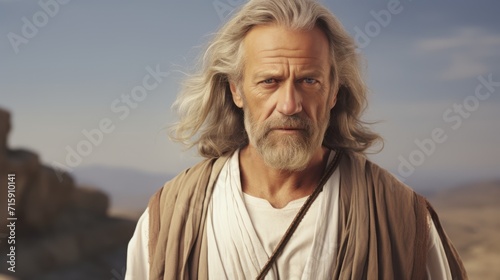 Photorealistic Old White Man with Blond Straight Hair retro Illustration. Portrait of a person in ancient aesthetics. Historic movie style Ai Generated Horizontal Illustration.