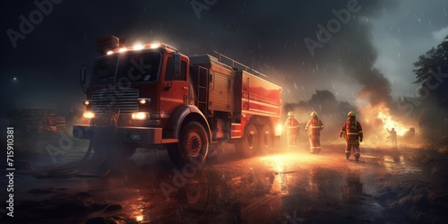 Fire engine. Generative AI. The fire engine are with ladders, firefighting apparatus and water to save lives, suppress wildfire, extinguish building fires. Fire. Fire and Rescue Service photo