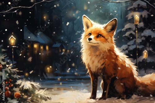  a painting of a fox sitting in the snow with a christmas tree in the foreground and a house in the background. © Shanti