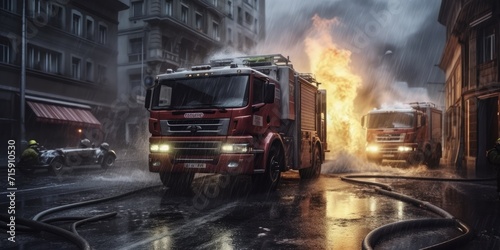 Fire engine. Generative AI. The fire engine are with ladders  firefighting apparatus and water to save lives  suppress wildfire  extinguish building fires. Fire. Fire and Rescue Service