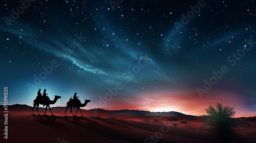 Silhouette of Three wise men riding a camel along the star path. To meet Jesus at first birth. photo