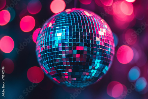 close-up of a minimalist disco ball at a music festival, with colorful lights reflecting off its surfaces, enhancing the immersive and energetic experience of the event in a minima
