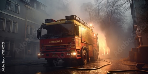 Fire engine. Generative AI. The fire engine are with ladders, firefighting apparatus and water to save lives, suppress wildfire, extinguish building fires. Fire. Fire and Rescue Service