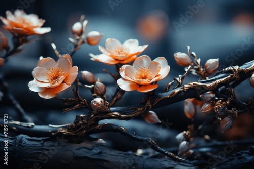  a close up of a flower on a branch with a blurry background of the branches and flowers in the foreground. © Shanti