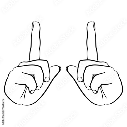 Two human hands with pointing up index fingers. Showing size or distance gesture. Black and white linear silhouette. Cartoon style.