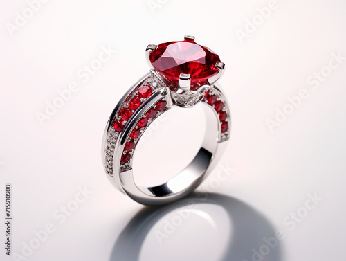 Jewelry ring with red sapphire on a white background