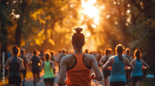 A group of happy people are enjoying a morning run in the park under the orange sunlight, feeling the warmth of the sun and having fun in nature photo