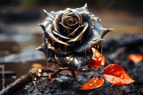  a close up of a rose on a branch with water droplets on it and a few leaves on the ground.