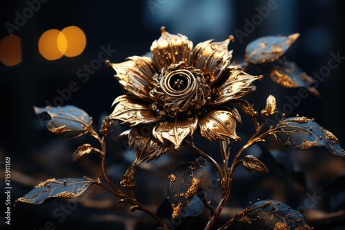  a close up of a gold colored flower on a black background with a blurry light in the back ground.