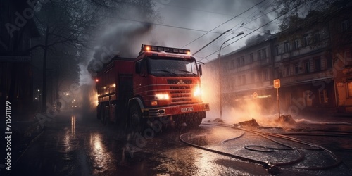 Fire engine. Generative AI. The fire engine are with ladders  firefighting apparatus and water to save lives  suppress wildfire  extinguish building fires. Fire. Fire and Rescue Service