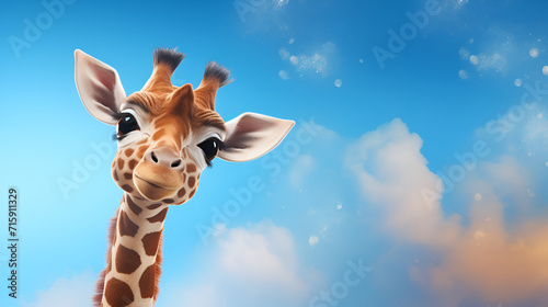 Young funny beautiful white-brown giraffe with big dark eyes on a blue background