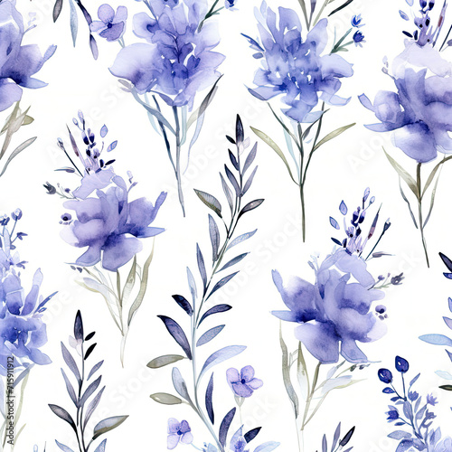 Watercolor Painting of Blue Flowers on White Background