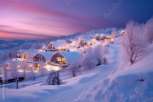  a ski resort at night with snow on the ground and lights on the buildings and trees in the foreground.