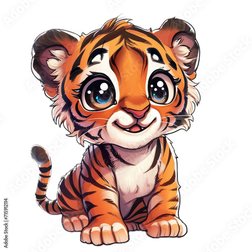 Charming Chibi Tiger Cub with Deep Blue Eyes on Transparent Background