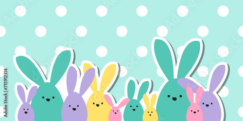 Celebration Greeting Easter card, colorful easter bunny family on polka dot background