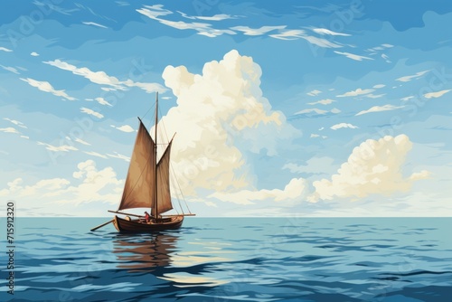  a painting of a sailboat in the middle of a body of water with a cloudy sky in the background.