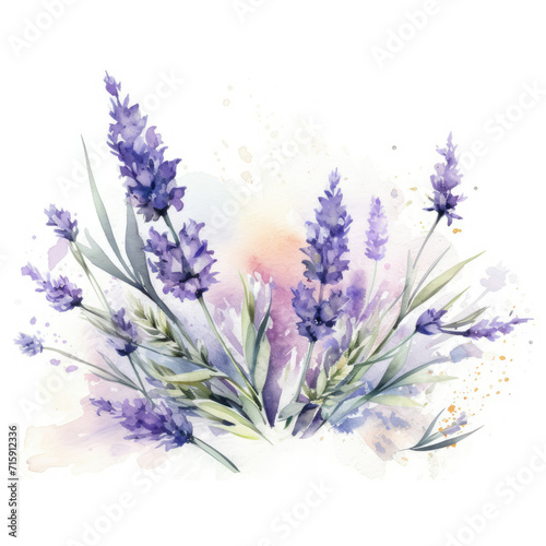 Watercolor Painting of Lavender Flowers on White Background